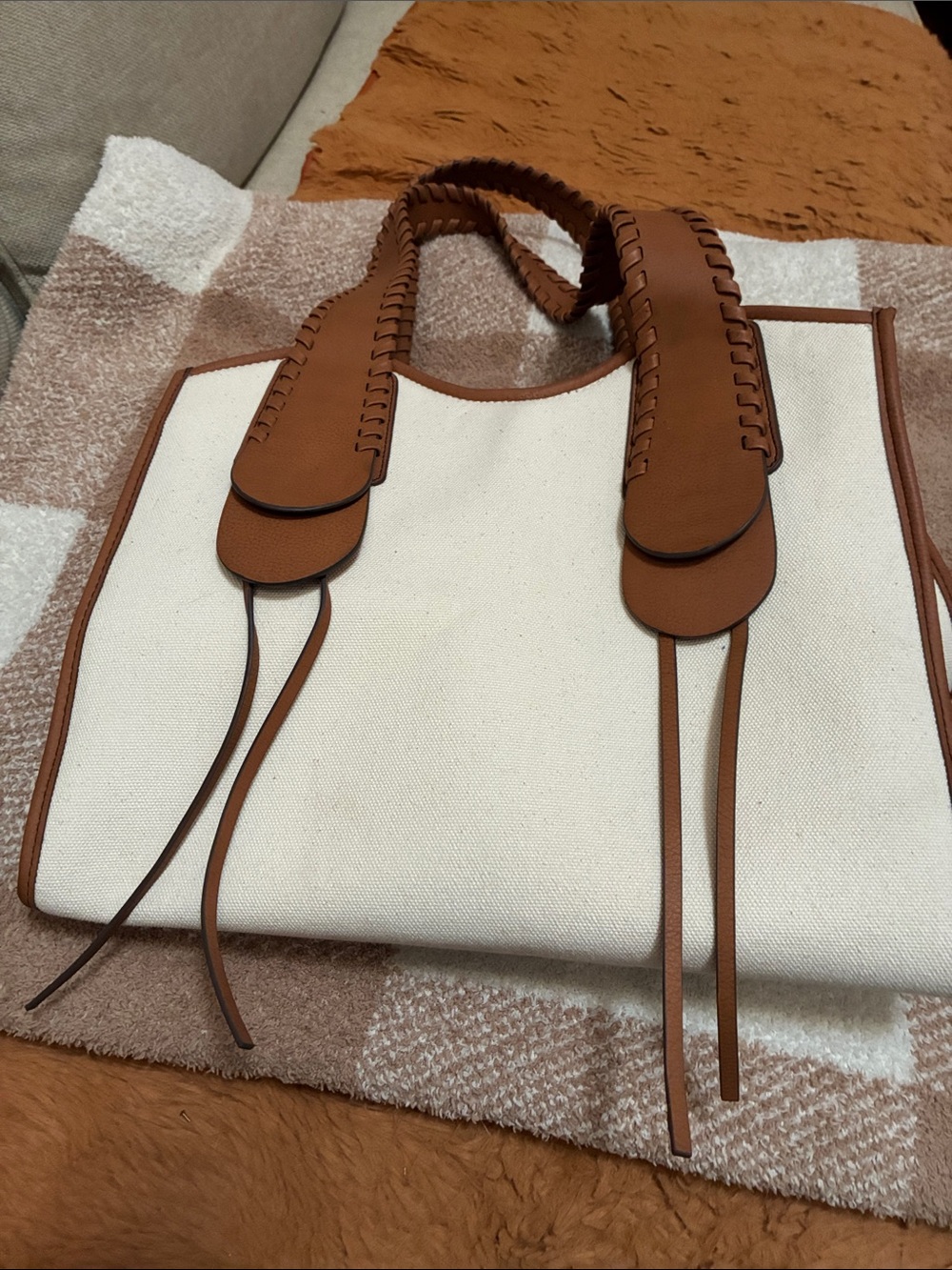 a.n.a Cream Canvas Tote with Brown Trim and Braided Handles